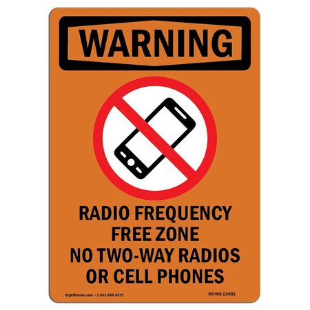 SIGNMISSION OSHA WARNING Sign, Radio Frequency Free W/ Symbol, 14in X 10in Aluminum, 10" W, 14" L, Portrait OS-WS-A-1014-V-13481